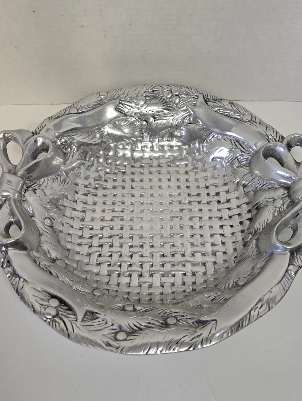 Cast Aluminum Embossed Holly Vine, Basket Weave, Bows Serving Tray Platter Bowl